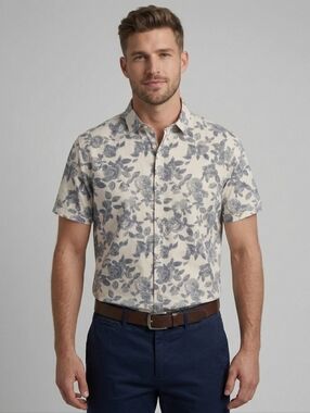 Steel & Jelly London XL Cotton Blue White Botanical Floral Smart Casual Shirt